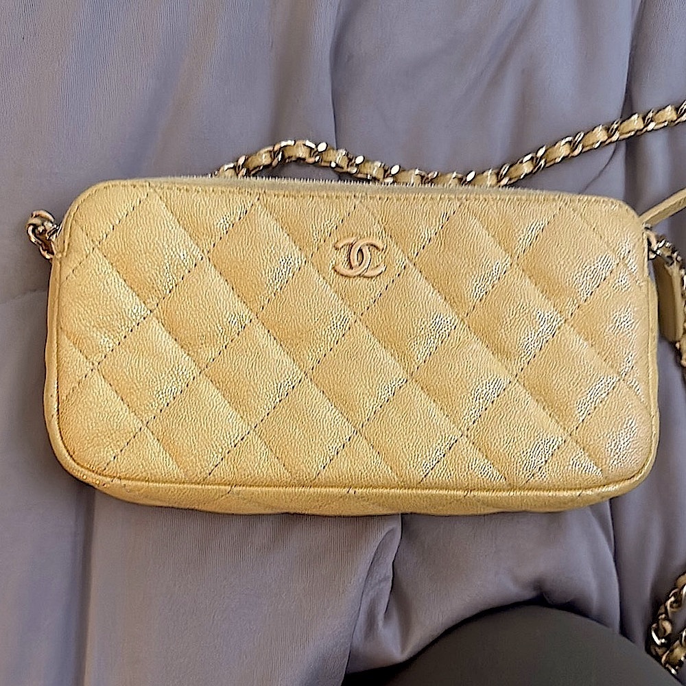 Chanel iridescent, yellow, Matelasse double zip wallet on a chain GHW RARE